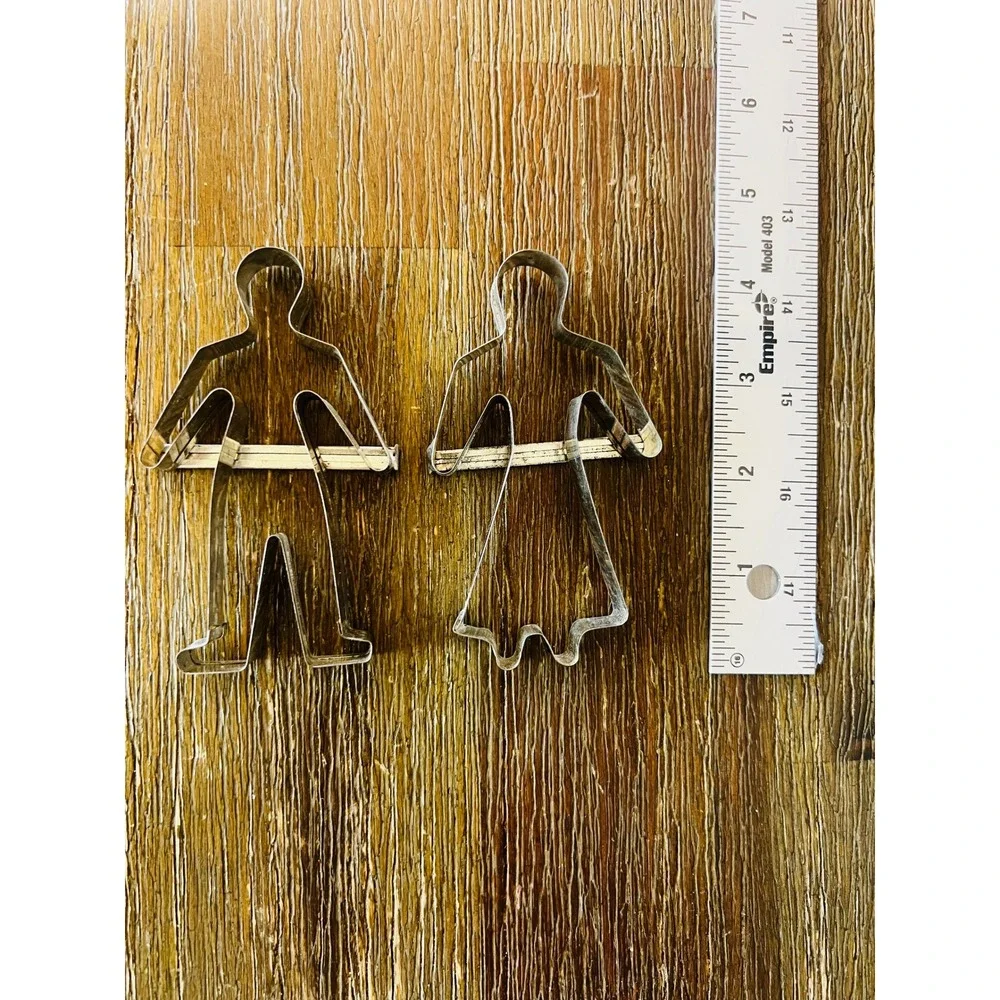 Vintage Metal Cookie Cutter Set Man and Woman with Handles Tin 2 Piece Set